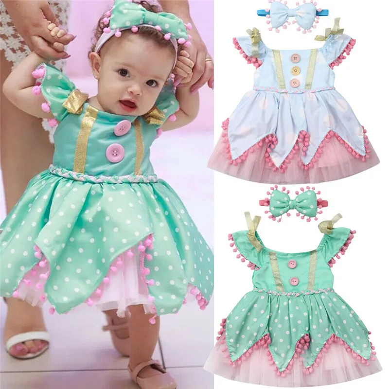 

New Princess 2Pcs Baby Kids Girl Birthday Party Dress Kid Ball Dress Polka Dot Tulle Tutu Pageant Dress Headband Cute Dresses