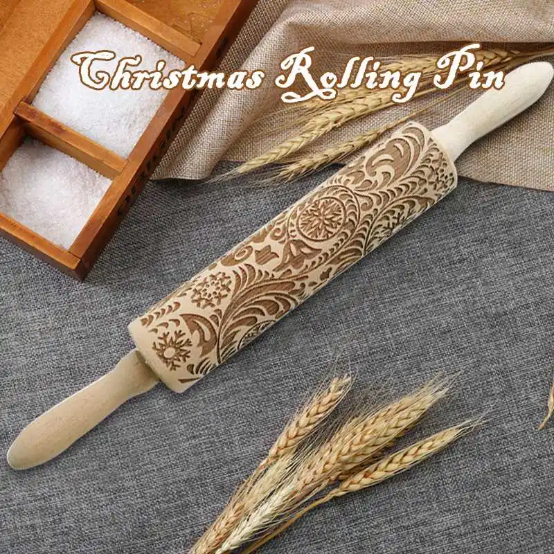 

Rolling Pin Christmas Tree Bell Flower Wooden Embossed Baking Cookies Creative Carving Wood Kitchen Tools Accessories Gadget
