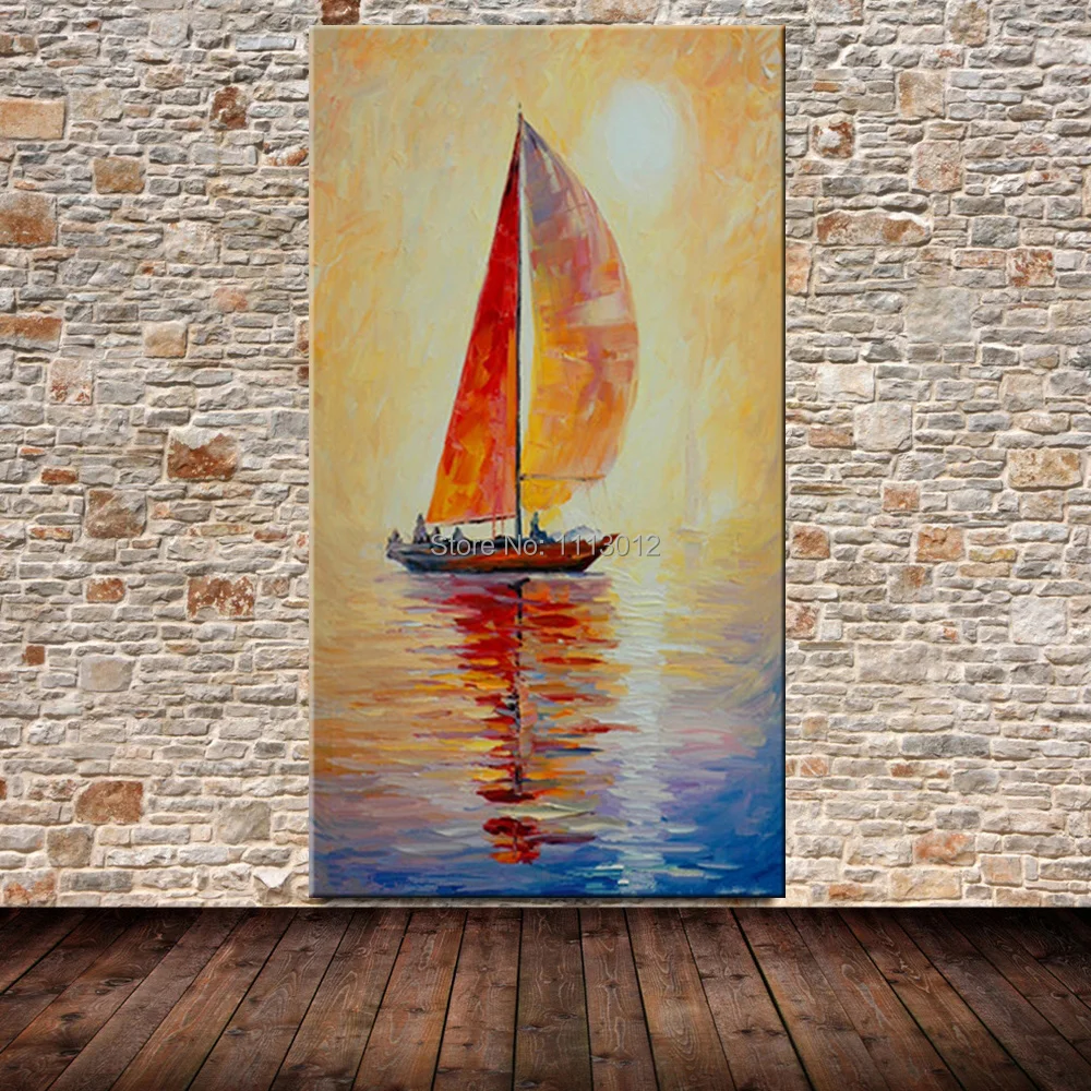 Peint à la main couteau abstrait voilier vue sur mer peinture à l
