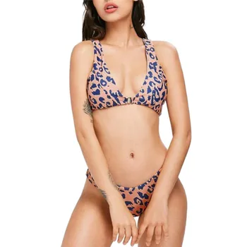 

Women's leopard print halter tops backless halter sexy off-shoulder push up padded bra bathing suit bearwear set 40mr21
