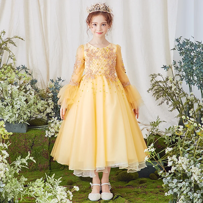 

Royal Princess Dress Long Sleeve Appliques Flower Girl Dresses Wedding Birthday Costume First Holy Communion Dress Girls B45