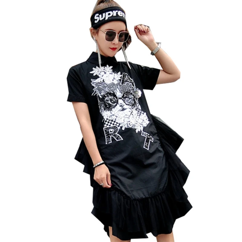 

2018 Summer New Fashion Casual Women's Clothing Free Size Loose Lapel Dress Animal Pattern Net Yarn Female Dresses YZH32