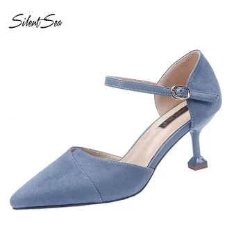 

Silentsea Women Buckle Strap Low Heels Pumps Spring Autumn Pointed Toe Flock New Heels Shoes For Woman Ladies Single Shoes
