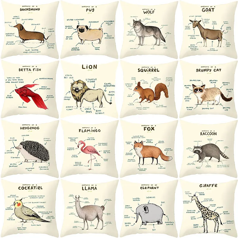 

Anatomy of An Axolotl Hedgehog Lion Horse Bird Giraffe Dachshund Cushion Covers Animal Pillow Cases 44X44cm Sofa Chair Decor