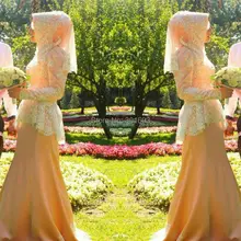 Oumeiya OW305 Pink Satin Ivory Lace Appliques Beaded High Neck Long Sleeve Mermaid Muslim Hijab Wedding Dress 2015