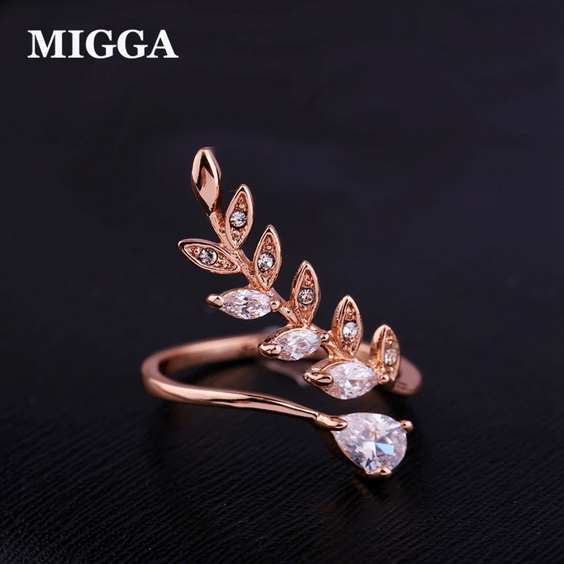 

MIGGA Unique Design Rose Gold Color Leaf Water Drop Cubic Zirconia Ring for Women Ladies Gift Bague