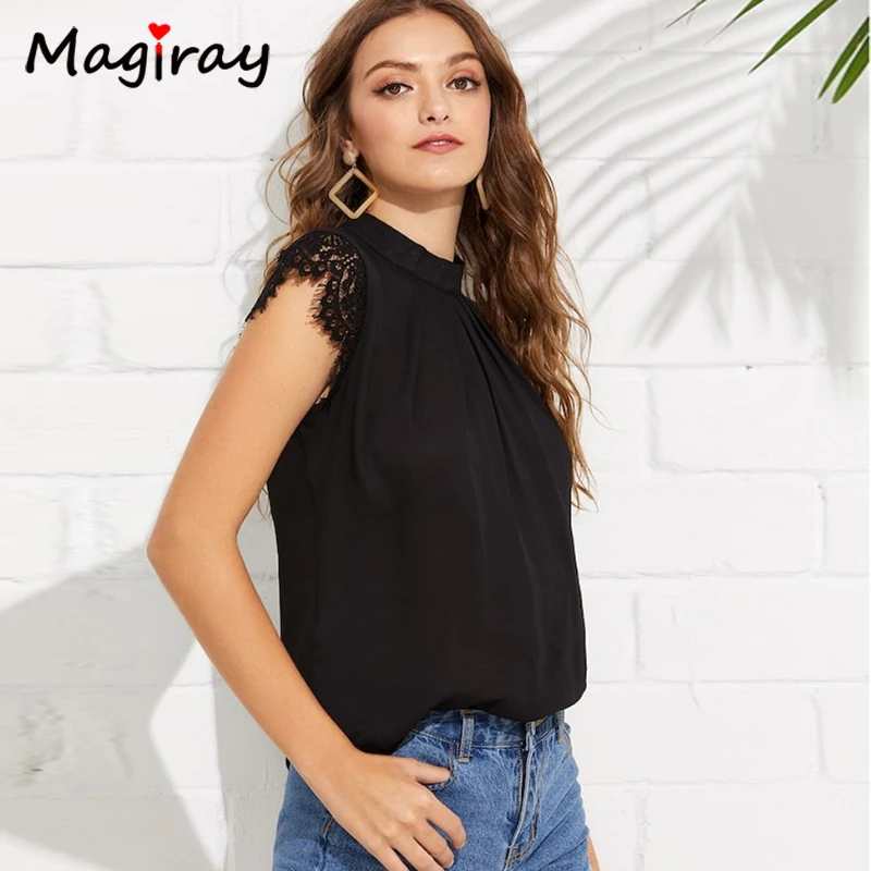 Magriay الدانتيل قصيرة الأكمام مطوي بلوزة شيفون النساء 2019 الصيف ثقب المفتاح خمر الكورية أنيقة قميص الإناث مكتب أعلى C164