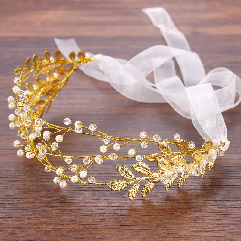 

Golden Leaf Simulated Pearl Crystal Bride Headband Hairband Bridal Princess Wedding Crown Headpiece Hair Jewelry Accessories SL