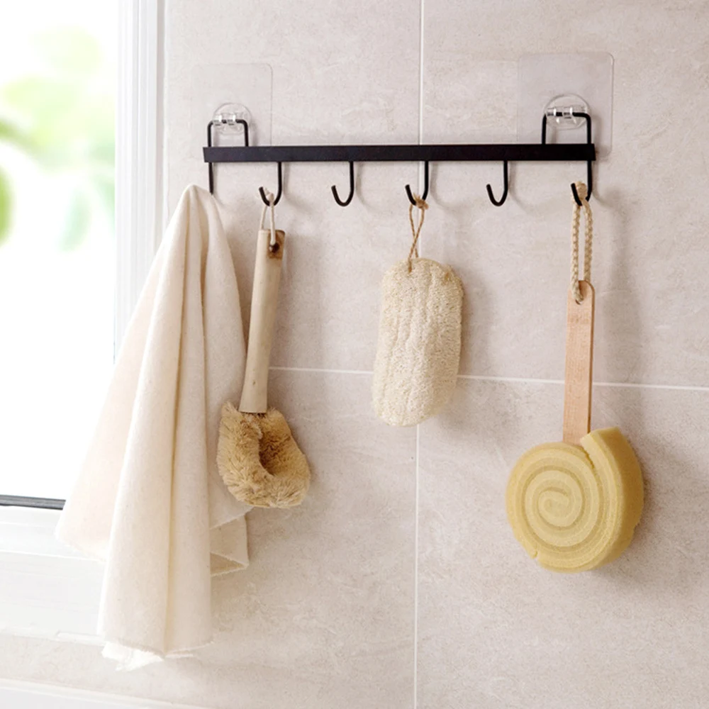 

New 5 Even Row of Hooks Strong Adhesive Hook Kitchen Wall Hanging Creative Bathroom Nail-free Seamless Rack Hanger Hook Shelves