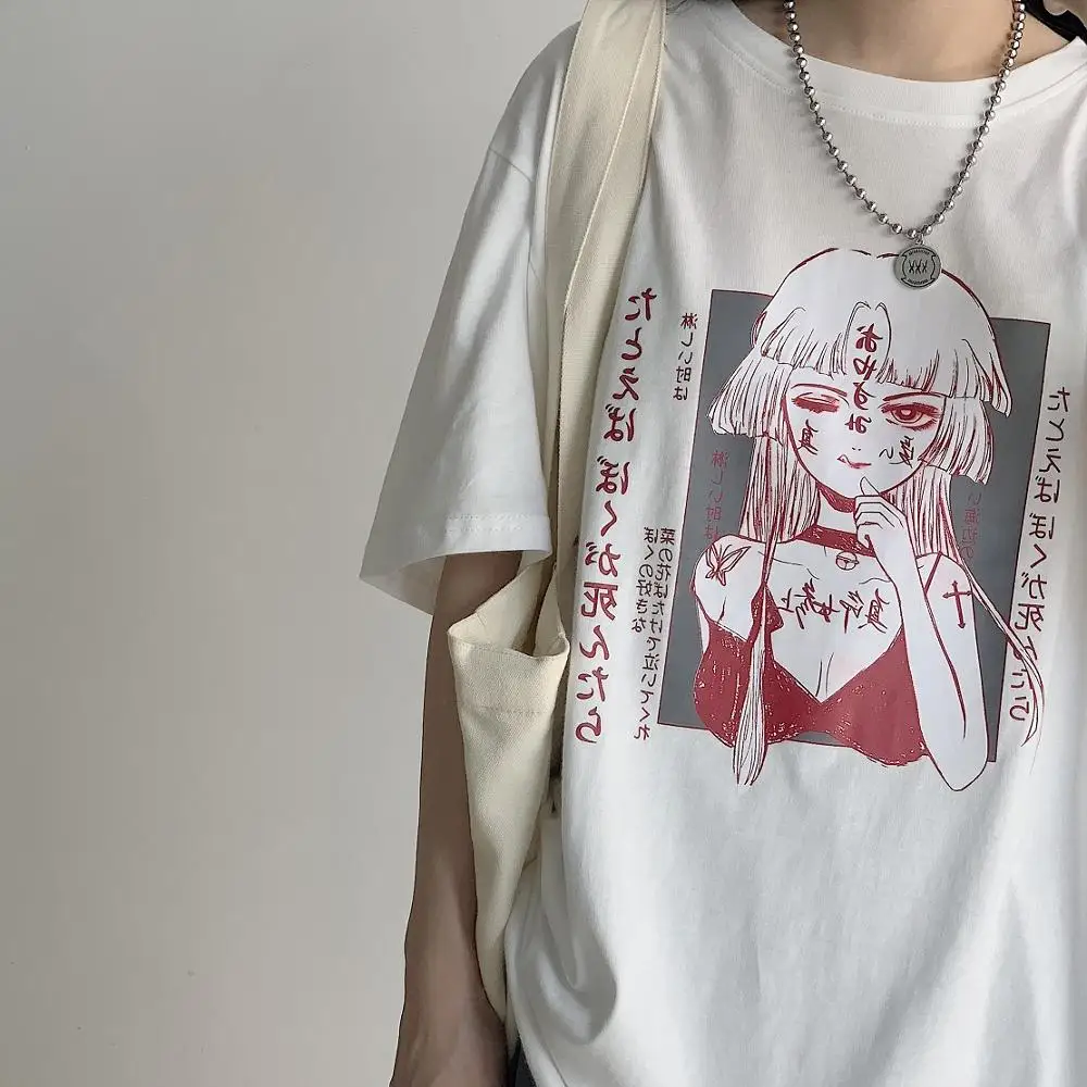 Harajuku Kawaii аниме футболка с принтом женская готическая негабаритная черная футболка Femme Топы Милые друзья белая футболка Корейская одежда 90s