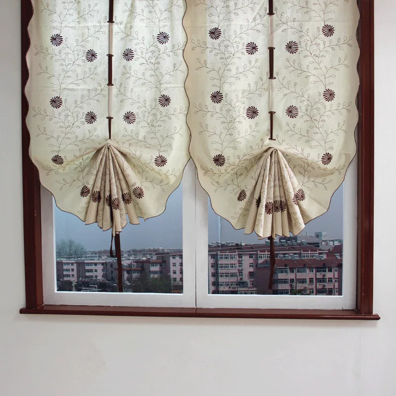 Retro Embroidered Roman Blind Window Kitchen Half Blackout Tie Up Curtain Screen 