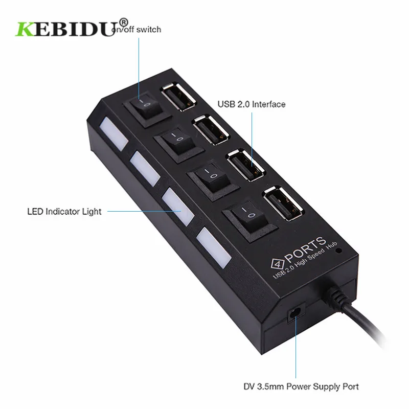 

KEBIDU High Speed USB Adapter With Power on/off Switch Cable Mini 4 Ports USB 2.0 Hub LED For Laptop Notebook Computer External