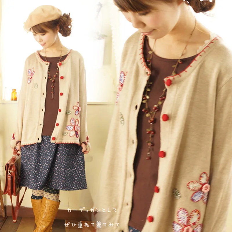 Japanese Spring Mori Girl Sweater Women's Handmade Floral Embroidery