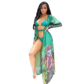 

Women Print Bikini Cover Up Long Sleeve Dress Swimwear Beach Maxi Skirt Sarong Kimono Kaftan Dress Beachwear