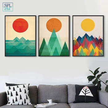 

SPLSPL Abstract Geometry Picture Sunrise Mountain Landscape Ornamentation A4 Canvas Art Print Poster Painting for Living Room