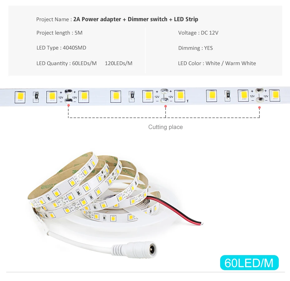 Сенсорный выключатель с регулируемой яркостью 4040 SMD Светодиодная лента 12 В 5 м 110 В 220 В светодиодный гибкий светильник, Диодная лента, светодиодный светильник под шкаф, Кухонный Светильник