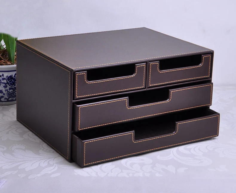 3 Layer 4 Drawer Wood Leather Desk Set Filing Cabinet Storage Box