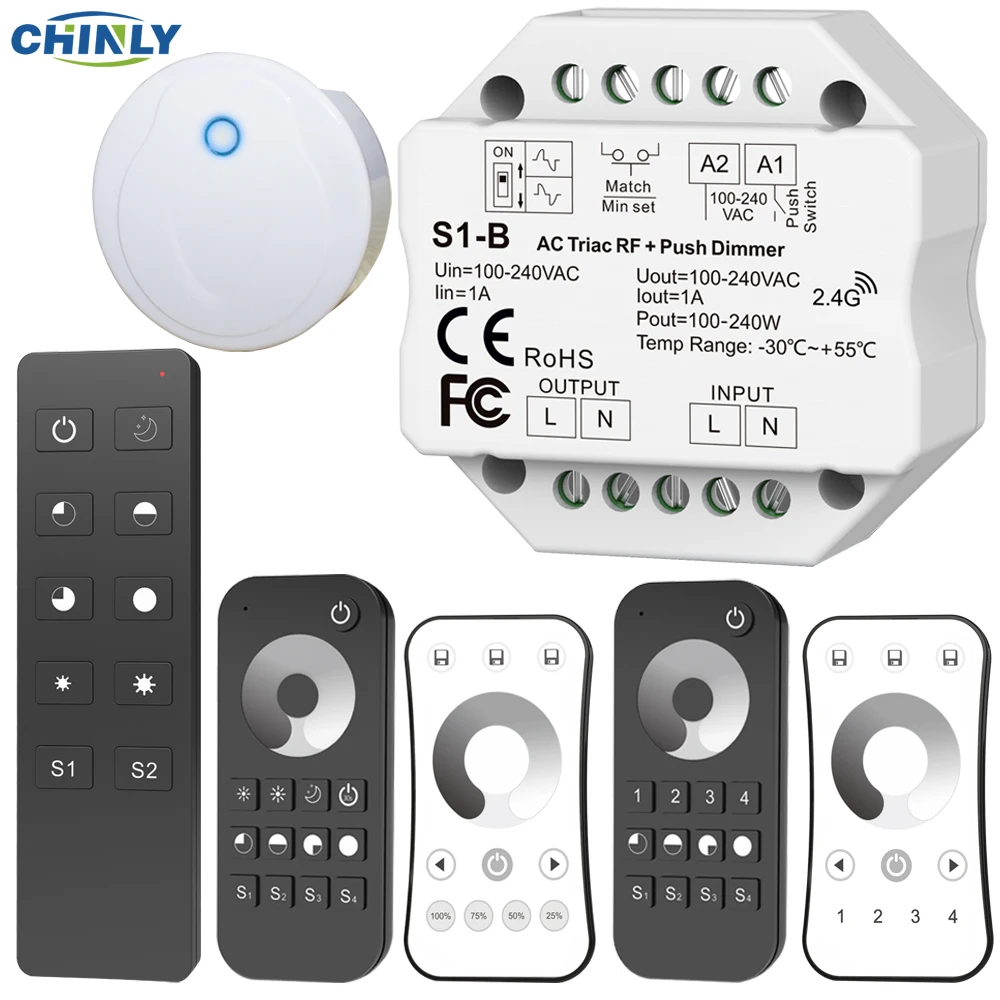 Triac LED Dimmer AC 220V 230V 110V Wireless RF Dimmable Push Switch with 2.4G Remote Controller for Single Color LED Bulb Lamps