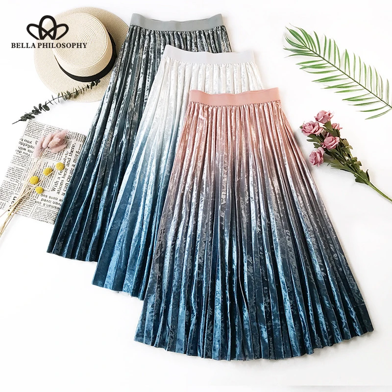 Wonder 2018 new Velvet Pleated skirt women party skirts A-Line Long Faldas Mujer midi Saias warm plus size bottoms shiny soft