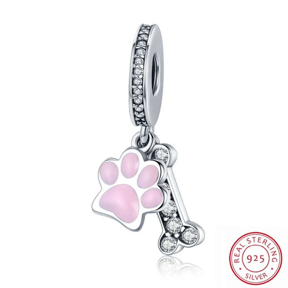 

100% Real 925 Sterling Silver Music Notes Bone Dog Paw Green&Pink Color Charms Beads Fit Bracelet Christmas Jewelry Gifts