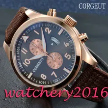 Newest Simple Corgeut 46mm black dial rose golden Case mixed strap of the cloth and leather Quartz Mechancial Mens Wristwatches