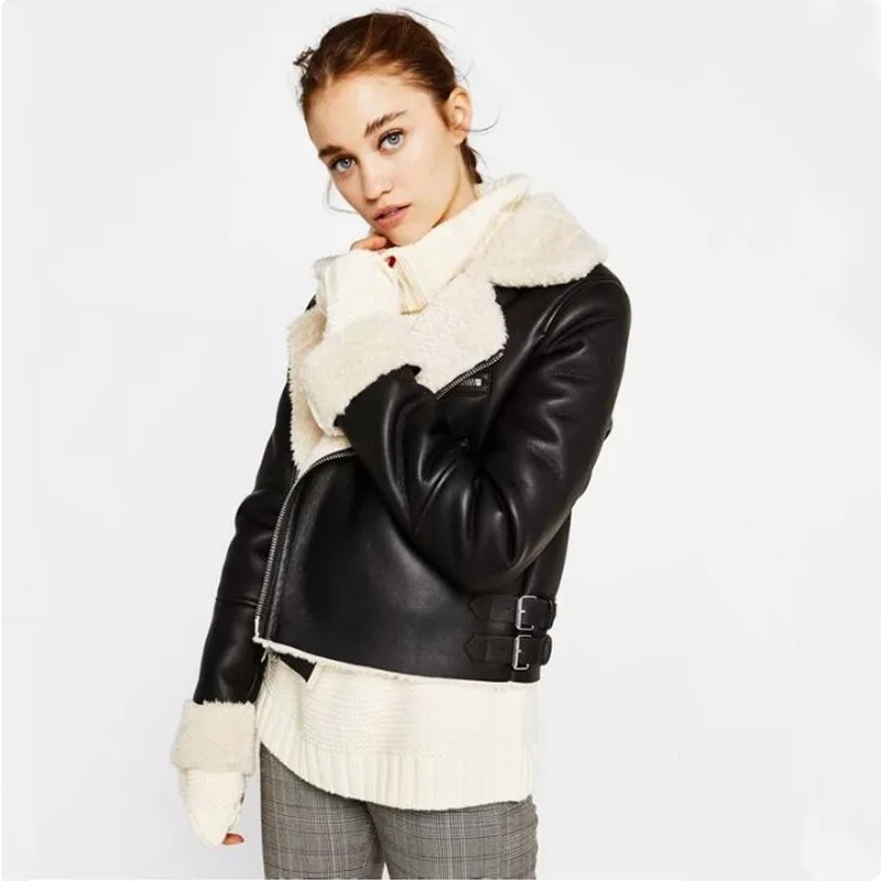 

High Quality Plus Velvet Knight Leather Jacket Women Faux Lamb Cashmere Casual Coat Short Winter Warm Motorcycle Leather Jacket