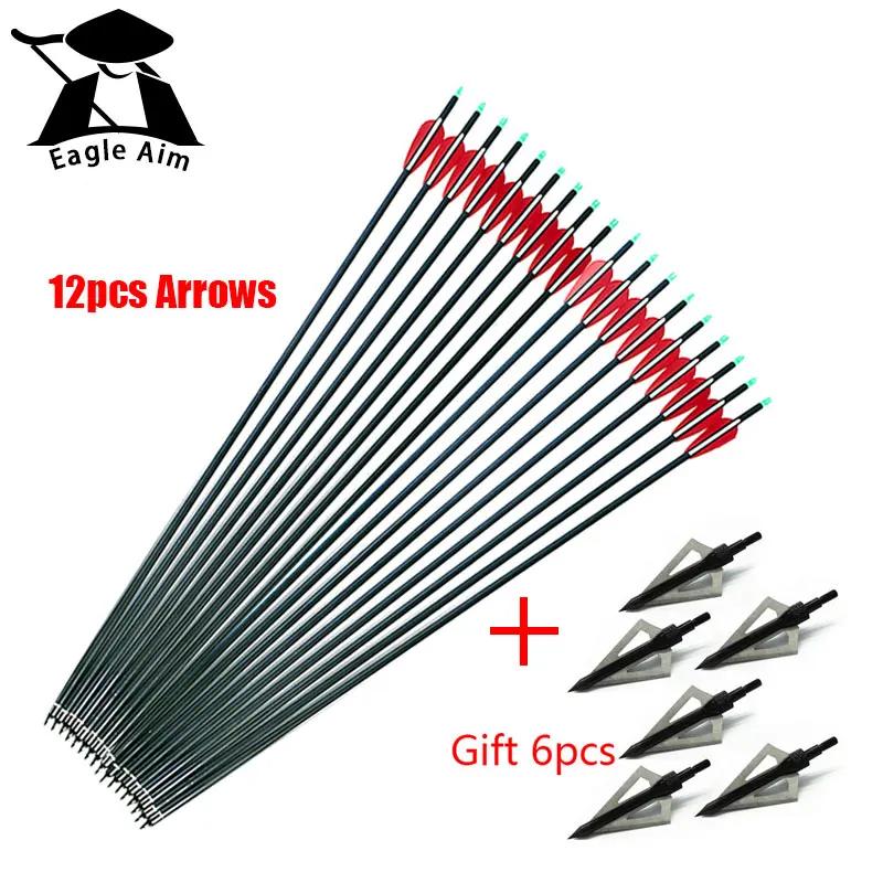 

12PCS OD 7.8mm Hunting Archery Bolts Carbon Arrow 30 Inch Spine 400 Red and White Feathers for Composite Bow and 6 Jade Arrows