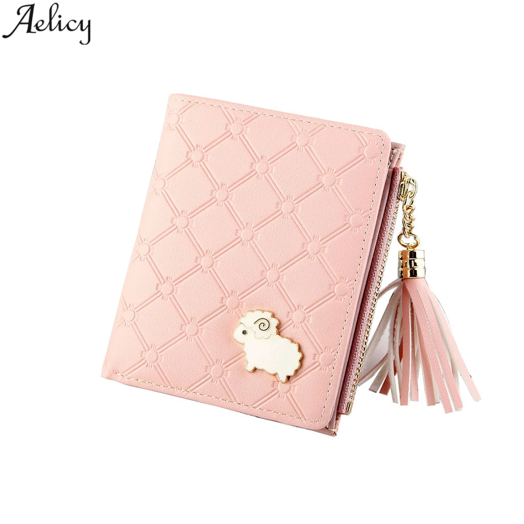 New Women Lamb Cartoon PU Leather Short Wallet Small Card Bag with Tassel
