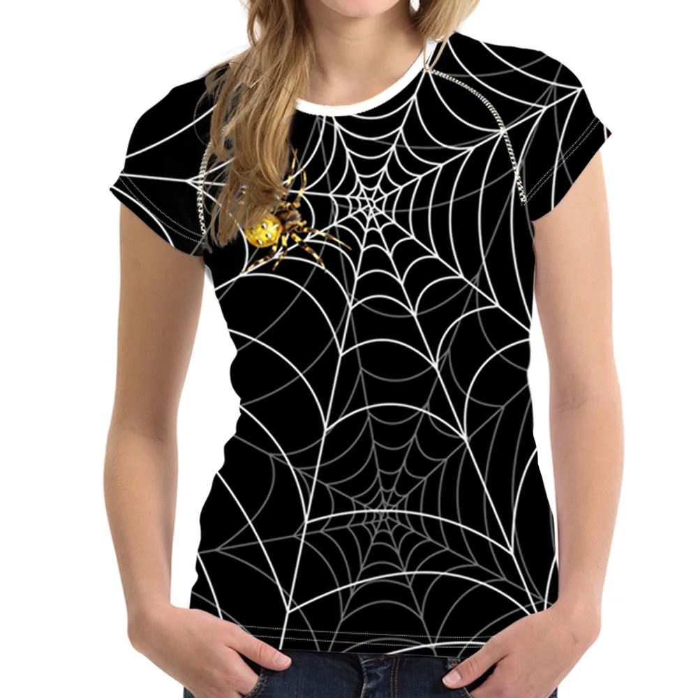 

FORUDESIGNS Black Spiderweb Print Women Basic T Shirt Casual Breath Woman Tops Short Sleeved Slim Female T-shirt For Girls Tees