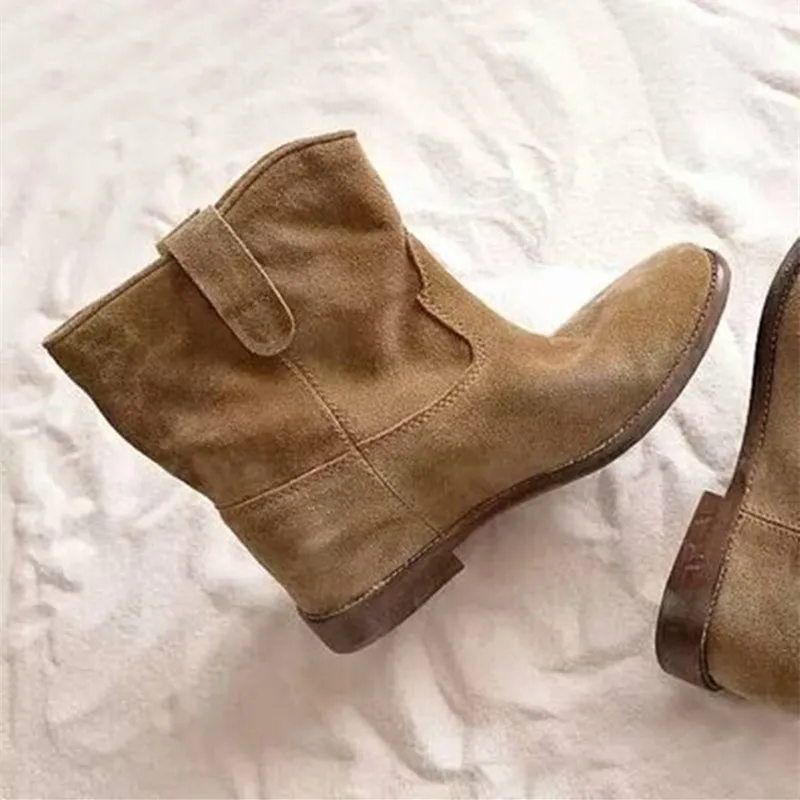 

Crisi Suede Concealed Wedge Biker Boots Beige Black Slip On Women Shoes Top Quality Suede Ankle Boots Round Toe Shoes Woman