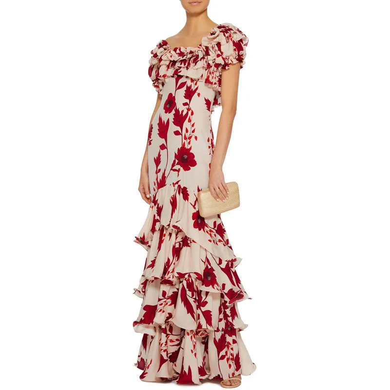 Богемное винтажное цветочное печатное длинное платье с оборками женское элегантное шифоновый с открытыми плечами Макси платье подиумные платья