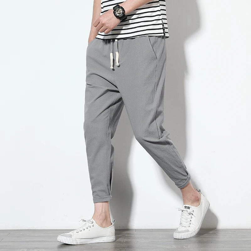 

YASUGUOJI New summer korean fashion solid color ankle-length pants men elastic waist linen harem pants men pencil pants men