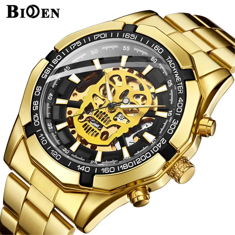 

BIDEN Brand Fashion Mechanical Watch Skull Design Mens Luxury Automatic Stainless Steel Band Skeleton Watch Relogio Masculino