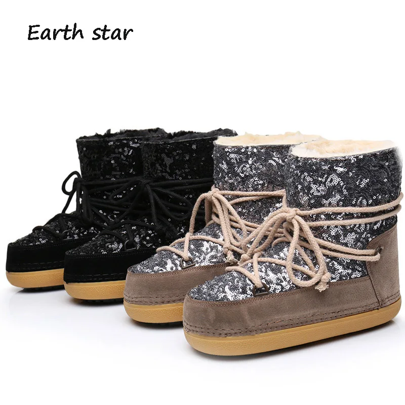 

EARTH STAR Brand Shoes Women Star Space Boots Inside Warm Ankle Boot Casual Ladies Snow Boots Shoe Glitter Safety Shoes Sequins
