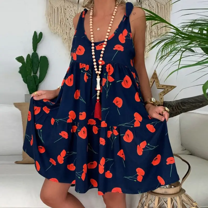 

Plus Size Women Retro Boho Sleeveless Dress Summer Beach Casual Tops Shirt Dress Ladies Print Mini Dress Loose Oversized Dress