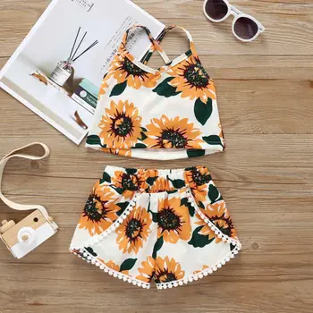 

AU Toddler Kids Baby Girl 6M-4T Clothes Sunflower Sleeveless Vest Tops Shorts Outfits