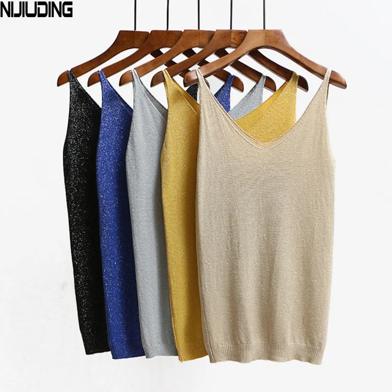 

NIJIUDING Sexy Knitted Tank Tops Vest 2019 Sequined V Neck Tank Tops Sleeveless Tshirt Women Solid Camis Fitness Dropshipping