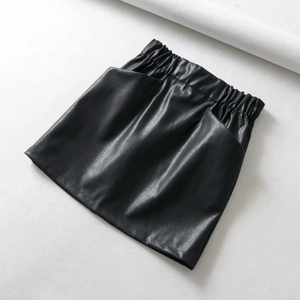 Women Skirts Above Knee Mini Women's double pocket elastic waist PU Faux leather skirt Jupe Femme Faldas Mujer