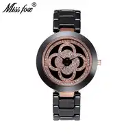 MISSFOX Clover Black Ceramic Watch Women Rhinestone Dress Women Rose Gold Watch Fashion Carnaval Shockproof Waterproof Watch