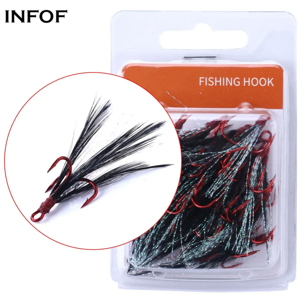 INFOF 40 pieces Fishing Hook Treble Hooks with Feather 4 10 Triple