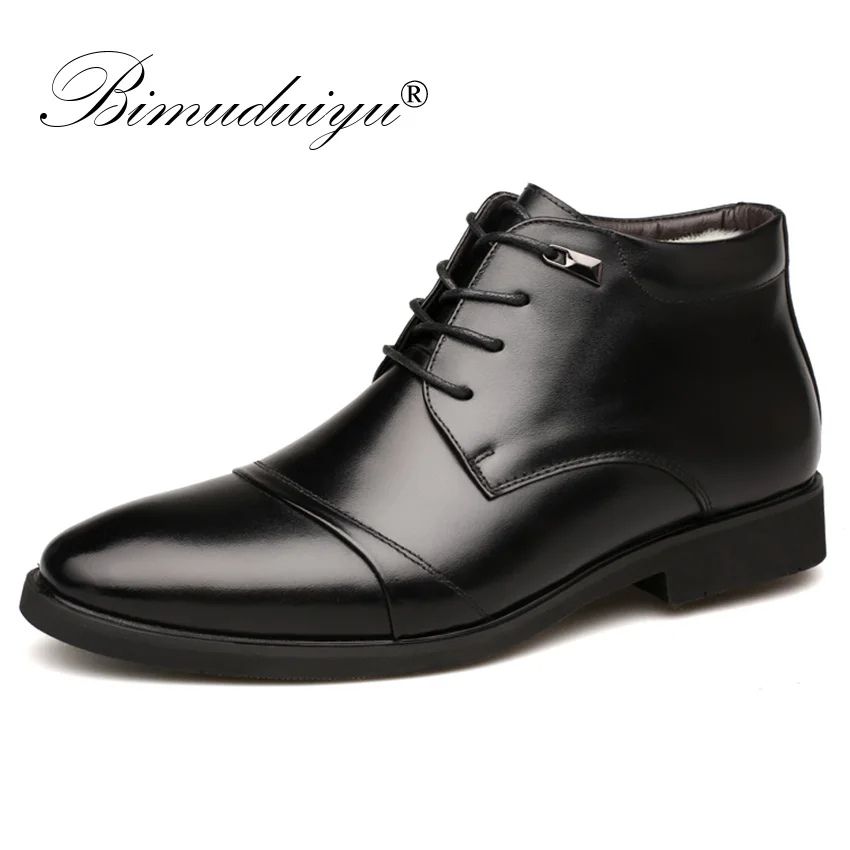 

BIMUDUIYU Warm With Fur Men's Ankle Boots Fashion Male Business Office Formal Leather Shoes Pointed Toe luxury Men Winter Boots