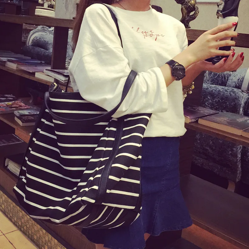 

2019 New Girl Leisure Summer Canvas Shopper Shoulder Bag Striped Beach Bags Big Capacity Tote Women Ladies Casual Shopping Bolsa