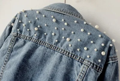 Vintage Pearl Short Denim Jackets Women Beading Loose Coat Long-Sleeve For Girl Casual Jean Jacket Bomber Oversized Coat