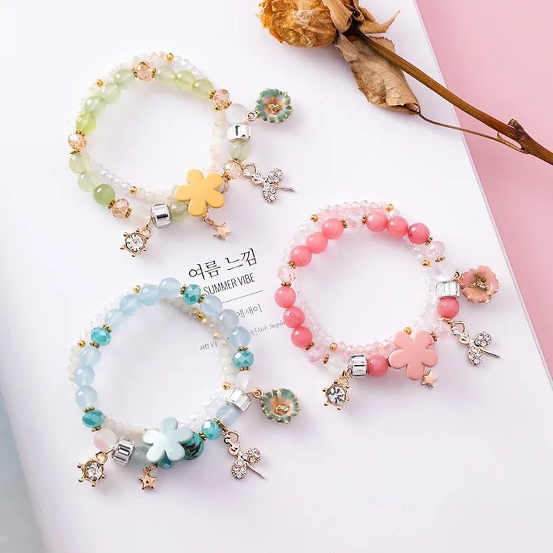

2019 Summer Girls Sweet Hands Jewelry Pink Blue Crystal Beads Charm Bracelet For Women Double Layer Star Flower Bangles Gifts