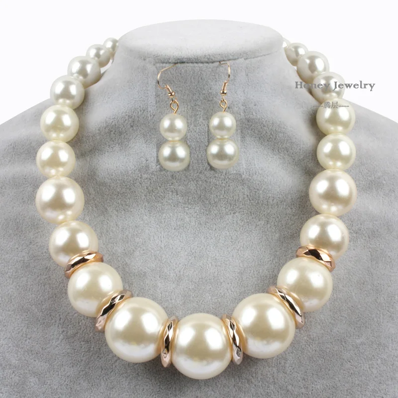 

white big pearl necklace earrings set for women african beads jewelry set 2017 Vintage Copper Alloy set jewelry set