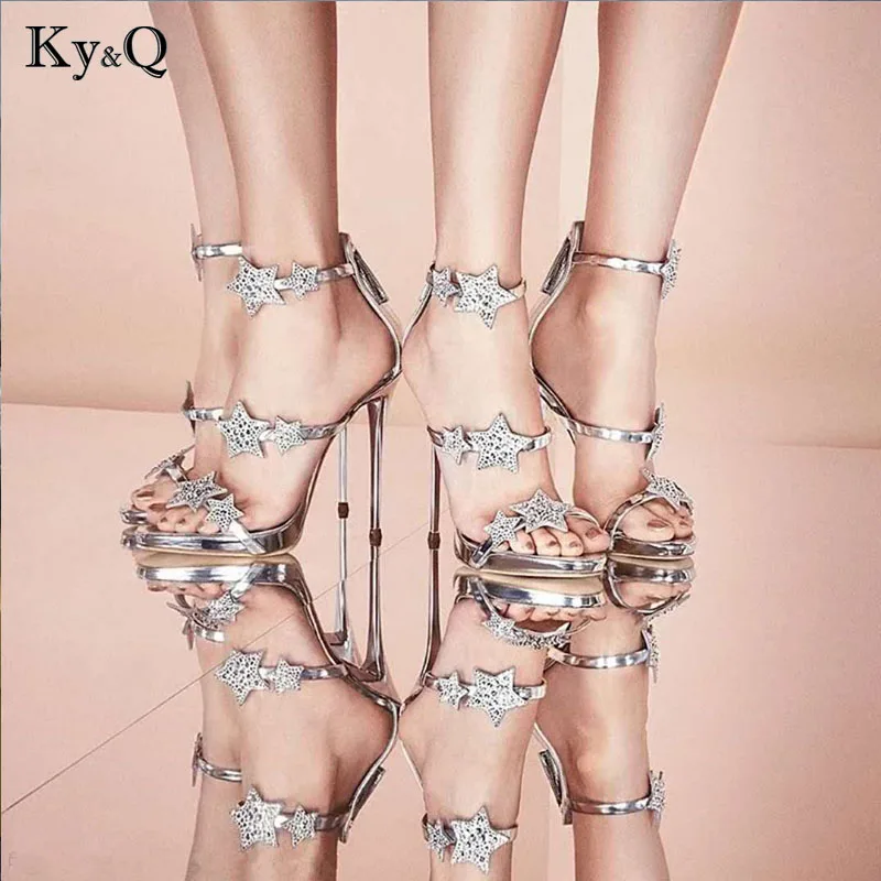 

2018 Summer Celebrity Style Runway Crystal Sandals Women Silver Black Star Crystal High Heels Shoes Lady Party Wedding Pumps