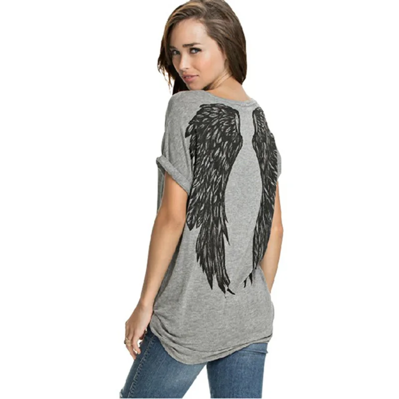 

T shirt women 2019 Unique angel wings back printing Left shoulder roll sleeve loose t-shirts vestidos women's clothing MP190
