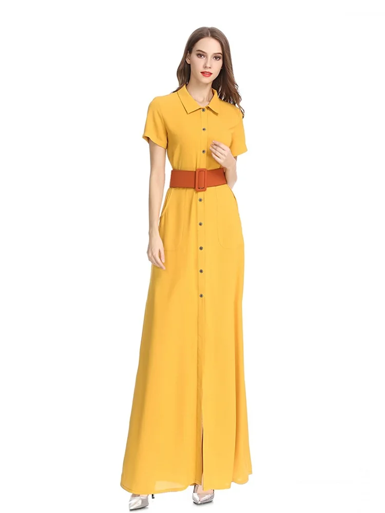 

ZADORIN Summer Maxi Dress Women Turn Down Collar Short Sleeve Button Elegant Dress With Belt Formal Office Work Ladies Dresses