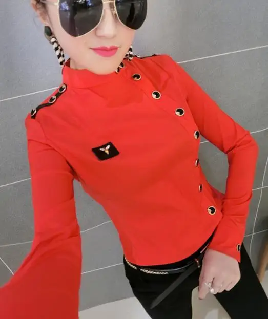 Весенняя коллекция блузка рубашка женская блузка Модные Топы повседневные приталенные с длинным рукавом Epaulet формальные офисные рубашки размера плюс 3XL - Цвет: RED
