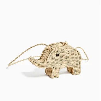 

Straw Weave Handbag Brand Design Cross Body Bags Female Summer Beach Bag Shoulder Messenger Bag Handmade Cartoon Elephent Purses